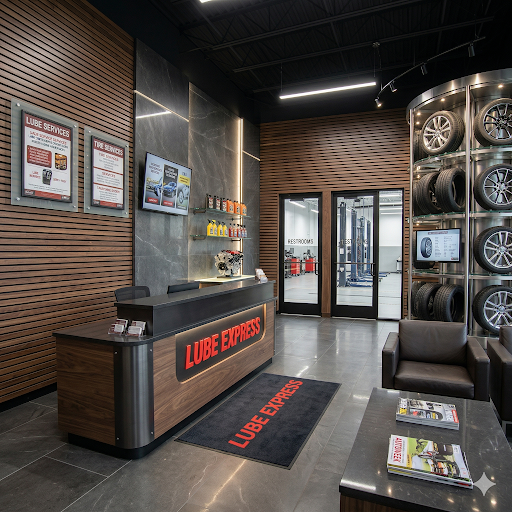 A Lube Express lobby furnishings with wood cladding a wood desk and glass doors. 