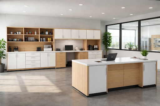A modern service center showroom featuring modular casework with light wood and white cabinetry.