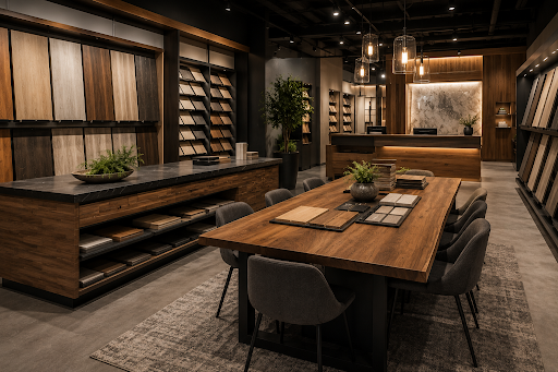 A high-end material showroom with a wooden conference table, gray upholstered chairs, hanging Edison bulb lighting and floor-to-ceiling shelving displays.