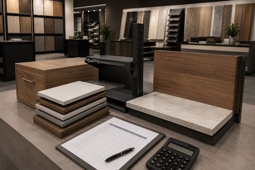 Wood, laminate and metal fixture samples displayed on a showroom counter alongside a clipboard and calculator, with sample panels visible in the background.