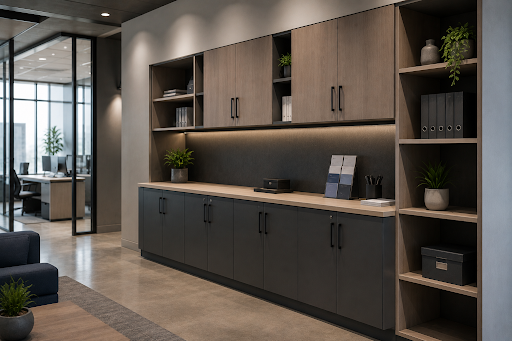 A modern office lobby with modular storage and display shelves in sleek black and brown tones.