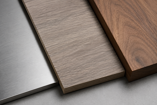 A side-by-side comparison of metal, laminate and wood panels.